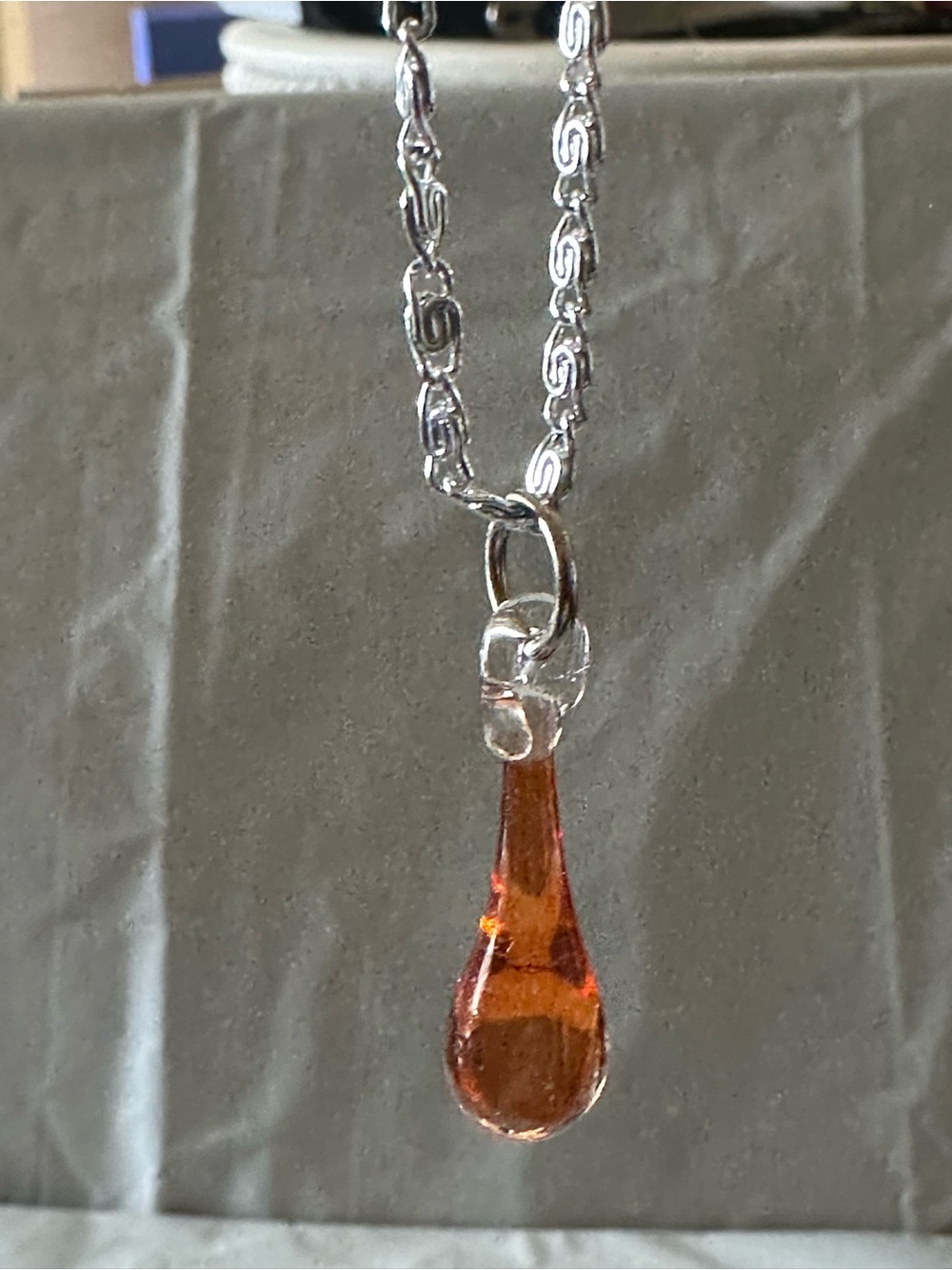 Amber Glass Teardrop Pendant Necklace - Silver Chain